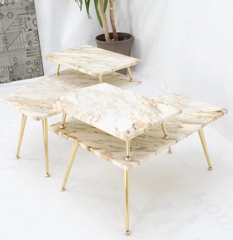 Pair of Asymmetrical Wedge Two Tier Marble Top Tapered Brass Legs Side End Table