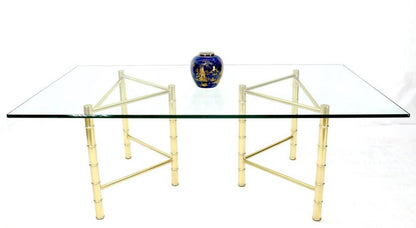 Double Pedestal Faux Brass Bamboo Glass Top Dining Conference Table