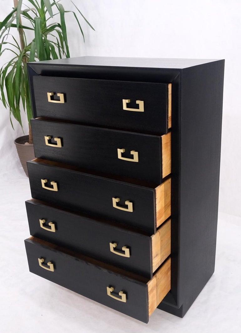 Ebonized Black Lacquer Mahogany Tall 5 Drawers Dresser Gold Bracket Pulls MNT