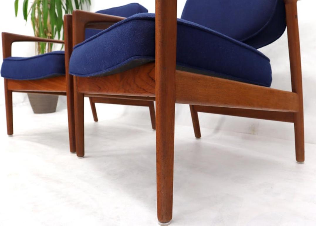 Pair of New Blue Upholstery Teak Danish Mid-Century Modern Arm Lounge Chairs