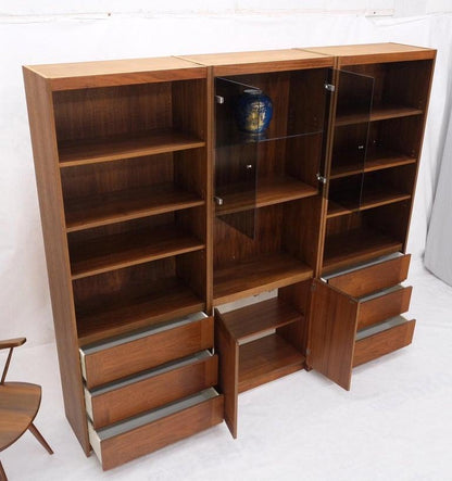 3 Bay Mid-Mentury Modern Walnut Glass Doors Bookcase Wall Unit Curio Cabinet