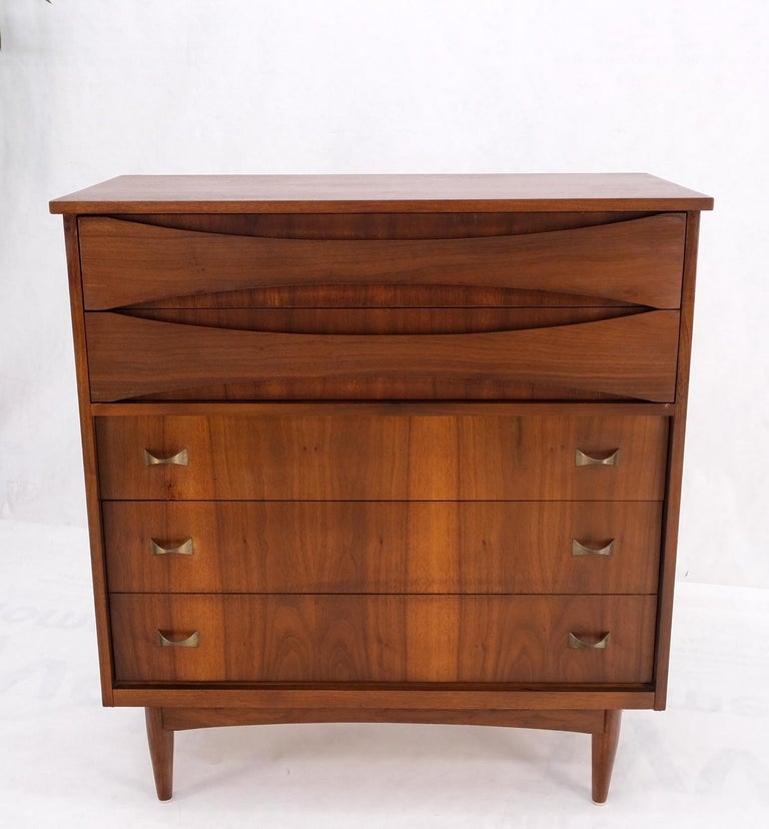 Danish Mid-Century Modern 5 Drawers High Chest Dresser Bow Tie Pulls Dowel Leg