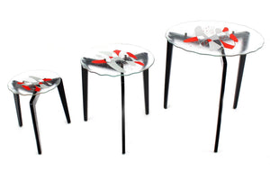 Art Glass Top Scallop Edge Tapered Leg Stackable Nesting Side Tables