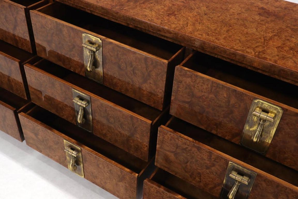 Mastercraft Burl Wood and Brass Hardware Long 9 Drawers Credenza Dresser