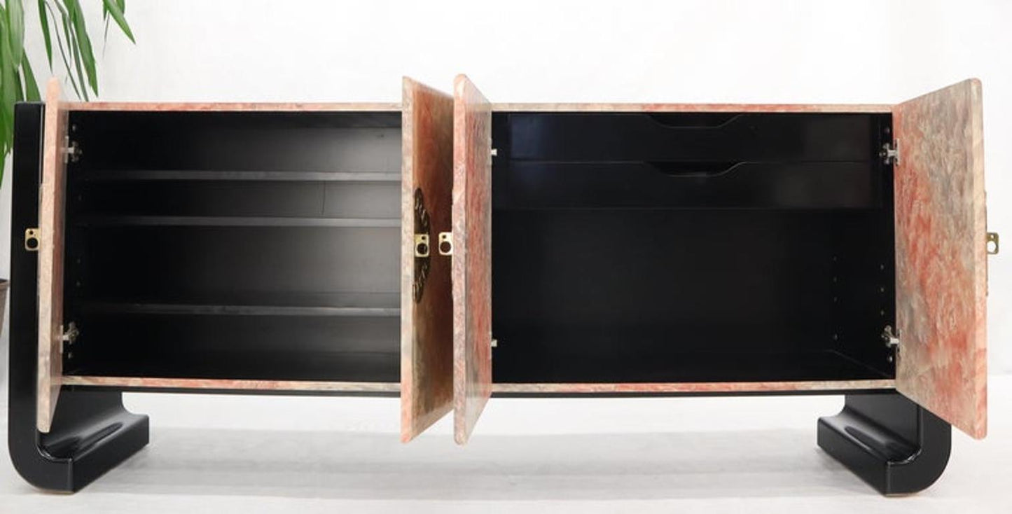 Four Doors Black Lacquer Faux Finish Brass Hardware Pull Credenza Dresser Server