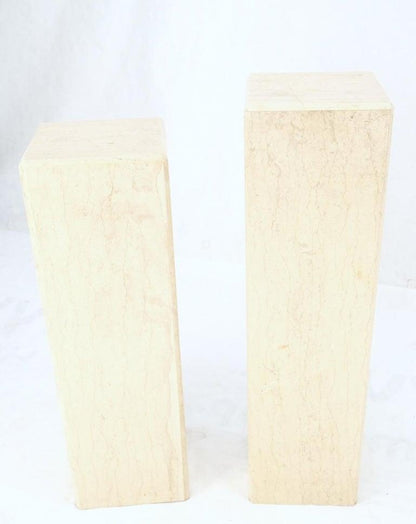 Mid-Century Modern Square Beveled Tall Travertine Marble Pedestals End Tables