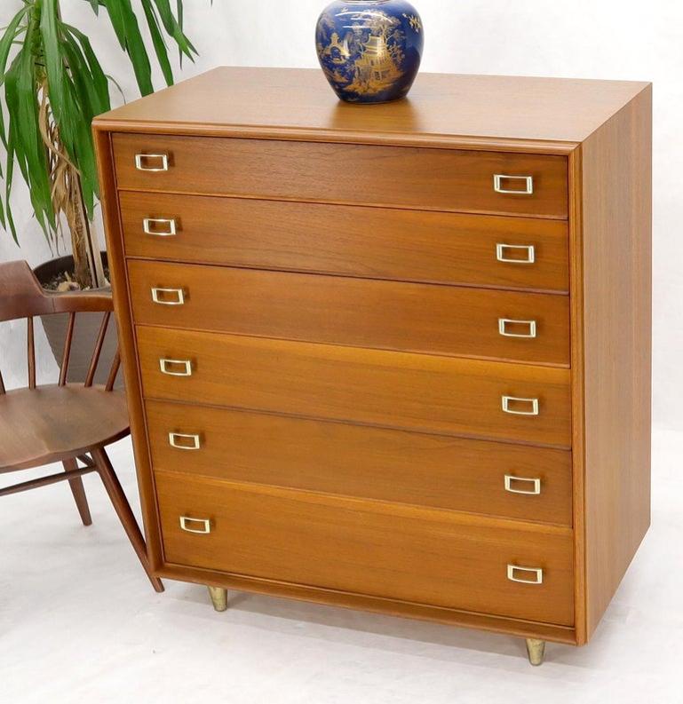 Restored Six Drawers Paul Frankl American Walnut Solid Brass Buckle Shaped Pulls