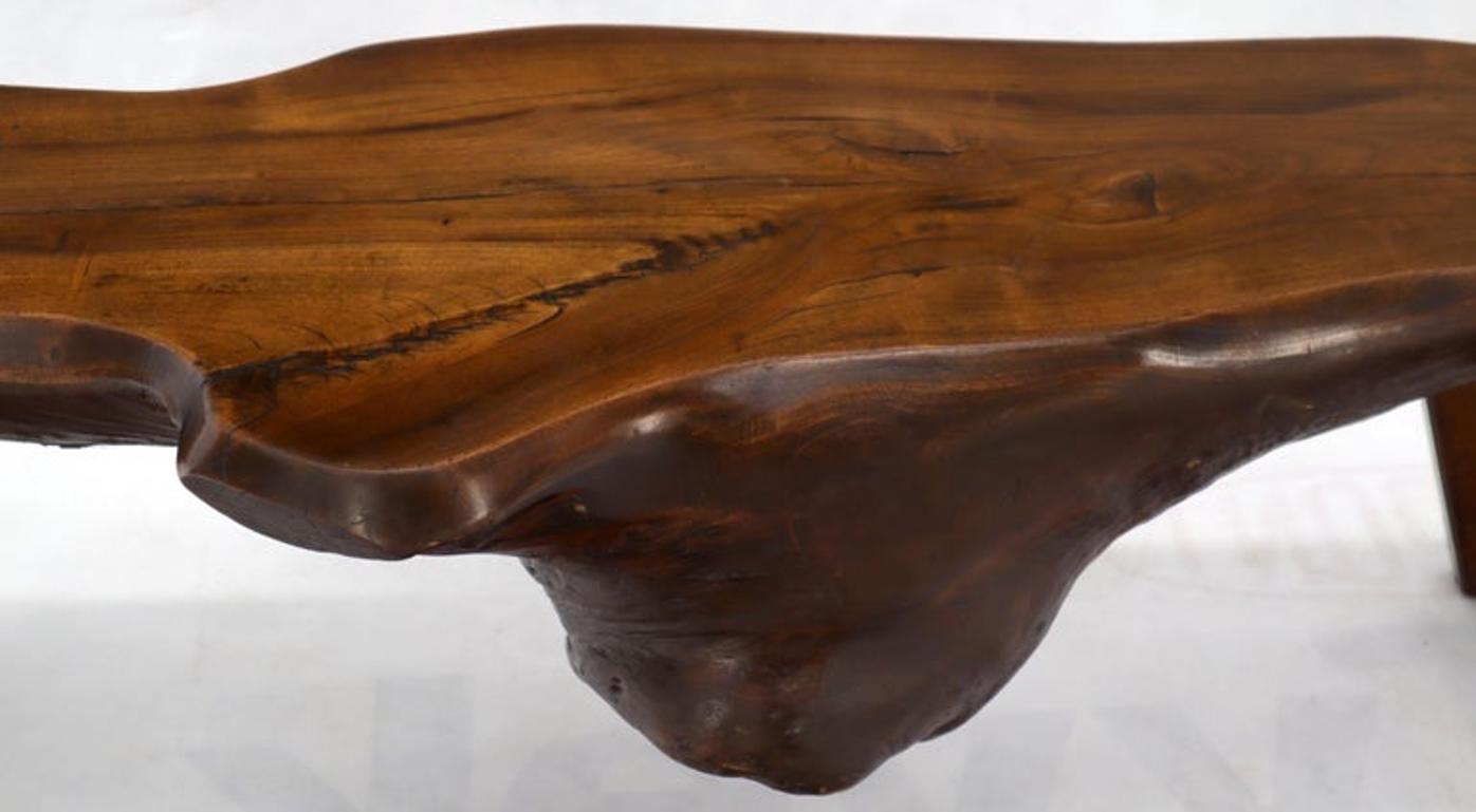 Organic Heavy Solid Walnut Varnished Slab Top Coffee Table on Tapered Legs