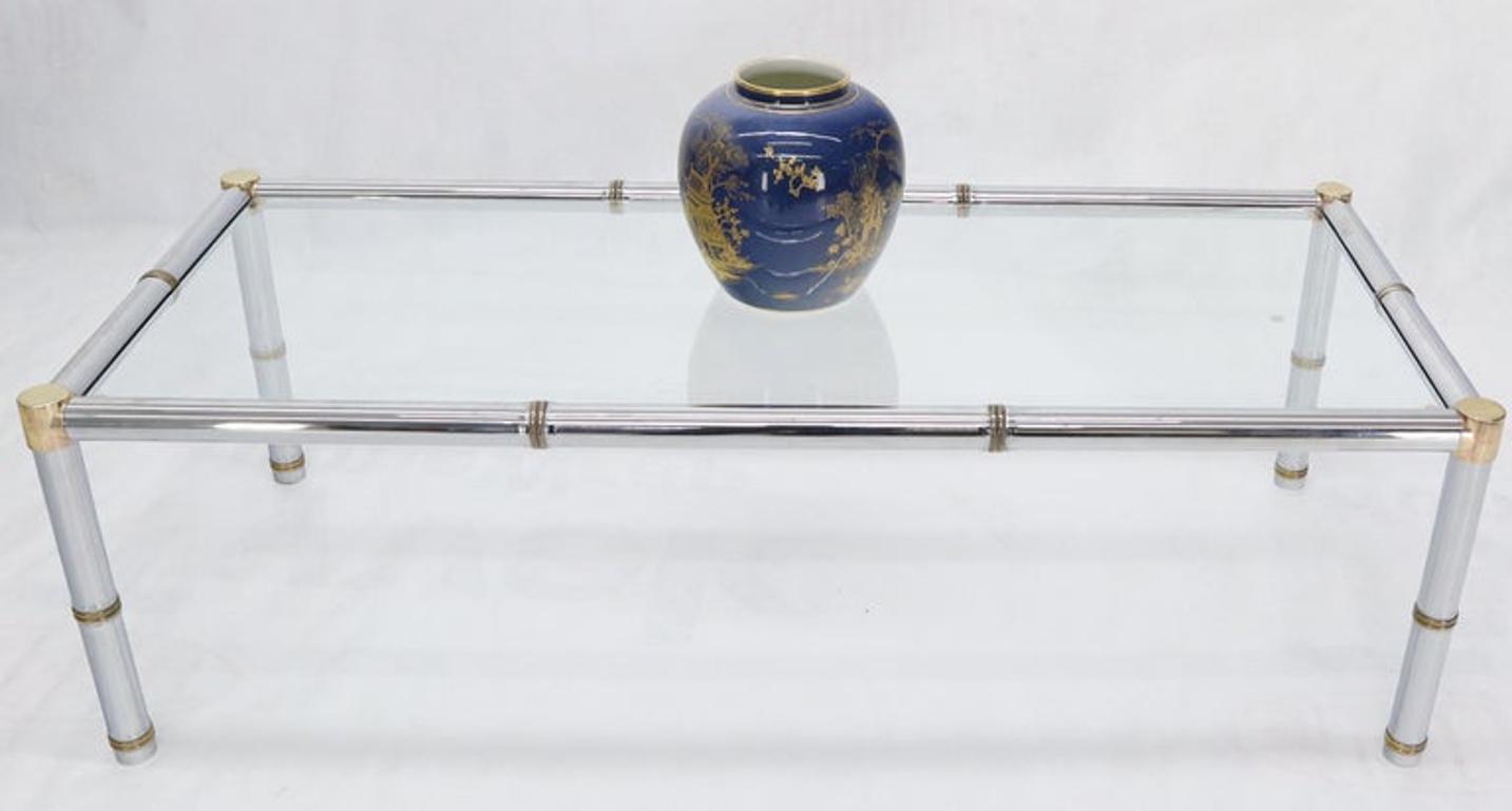 Faux Bamboo Rectangular Brass and Chrome Glass Top Coffee Table
