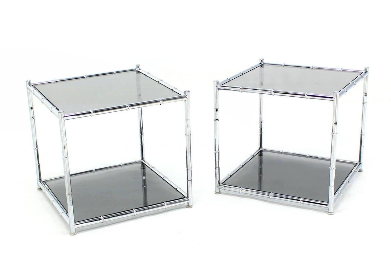 Pair of Cube Shape Chrome Faux Bamboo Frame End Tables Smoked Glass Top MINT!