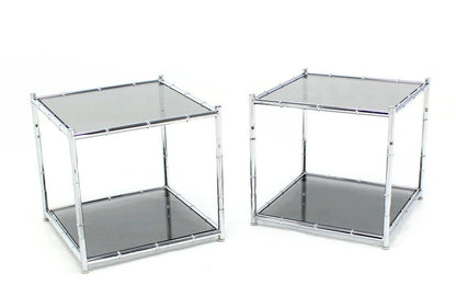 Pair of Cube Shape Chrome Faux Bamboo Frame End Tables Smoked Glass Top MINT!