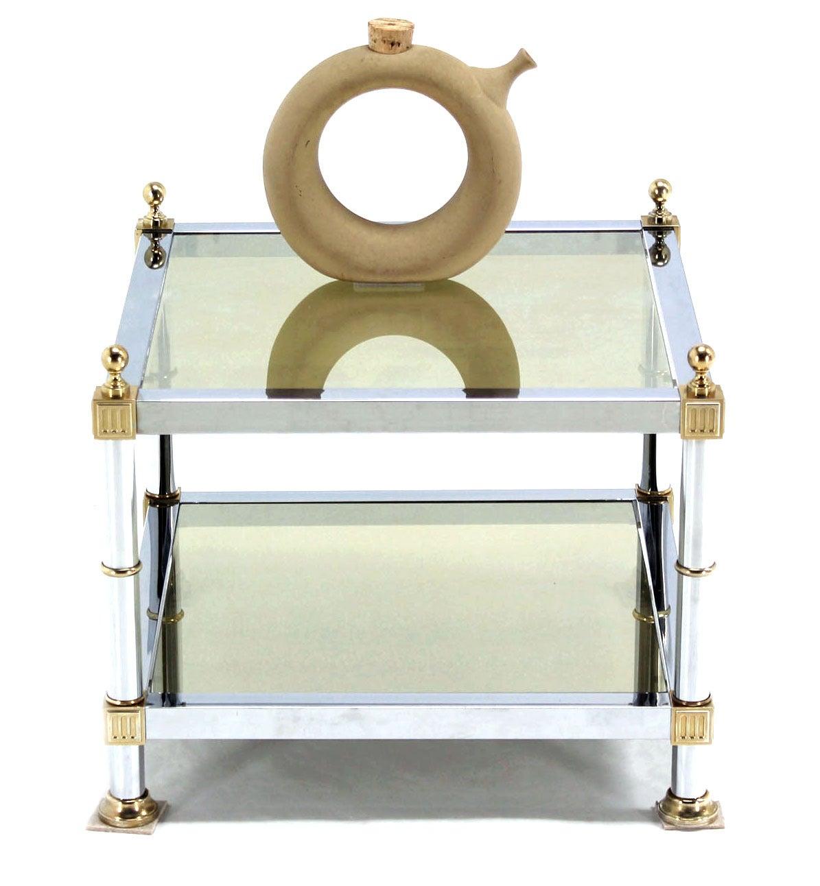 EstablishedLines Pair of Chrome Brass and Smoked Glass Square End or Side Lamp Tables Stands Mint