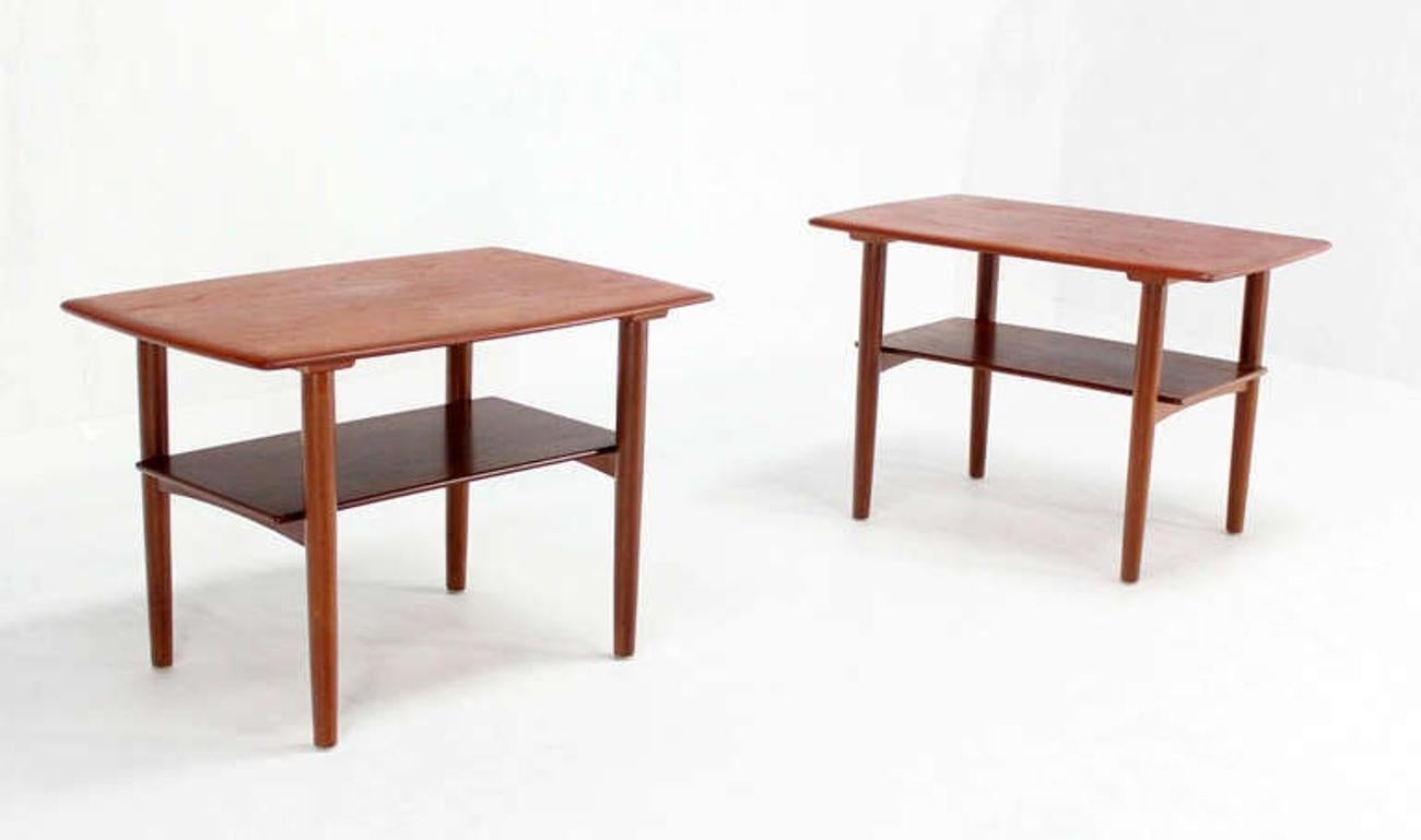 EstablishedLines Povl Dinesen Pair Danish Modern Teak End Tables Solid Tapered Dowel legs 1 Shelf