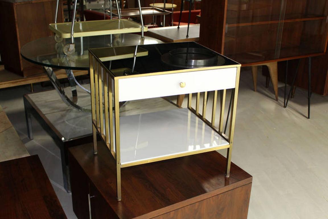 EstablishedLines Solid Brass Mid Century Modern End Side Table One Drawer Stand Smoked Glass Top