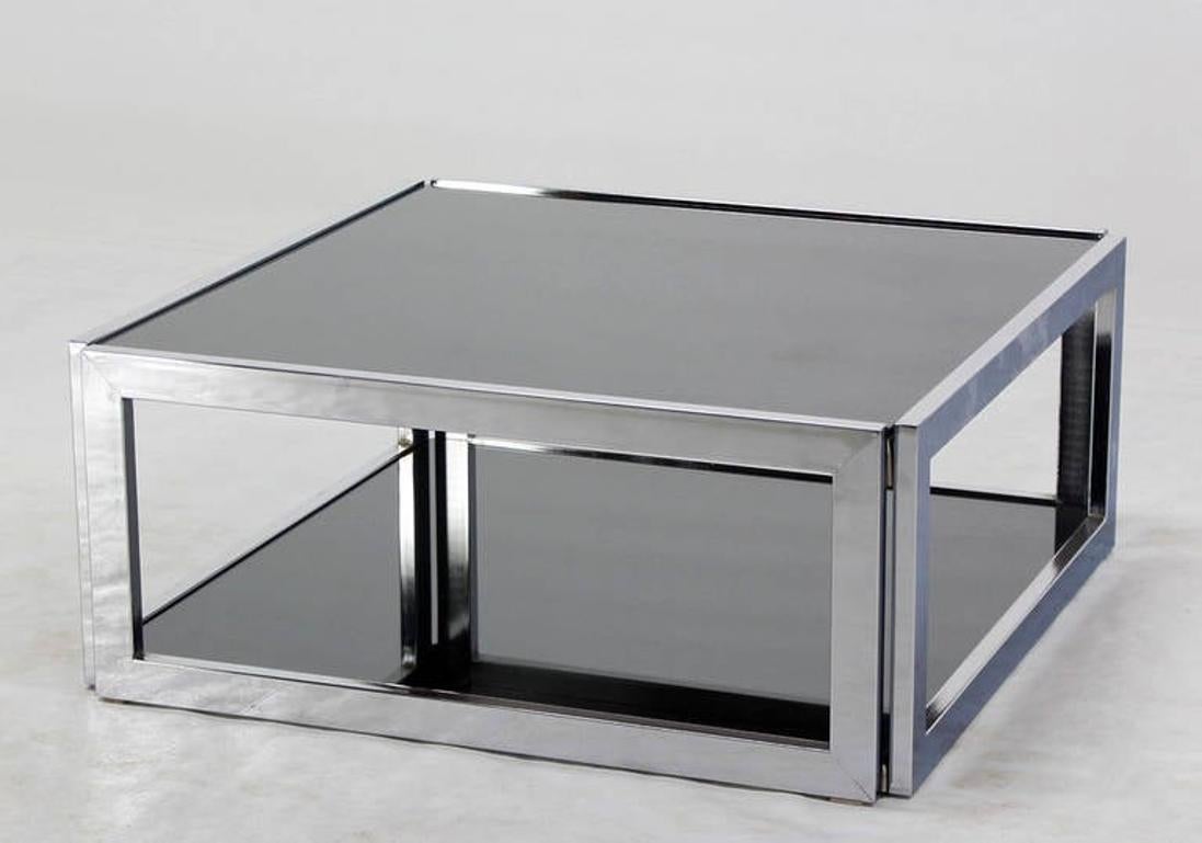 EstablishedLines Sharp Square 2 Tier Modern Chrome Base Smoked Glass Coffee Table w/ Shelf MINT