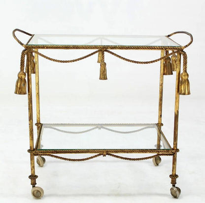 EstablishedLines Midcentury Italian Gold Gilt Metal Rope and Tassels Glass Top Bar Tea Cart Wheel