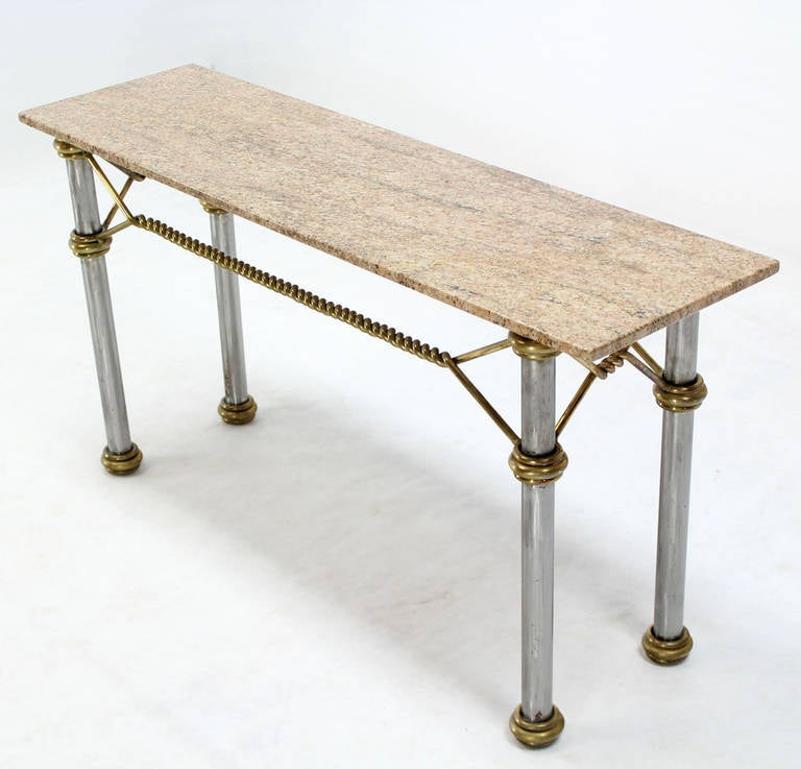 EstablishedLines Mid Century Modern Solid Brass "Rope" Chrome Base Marble Top Console Sofa Table