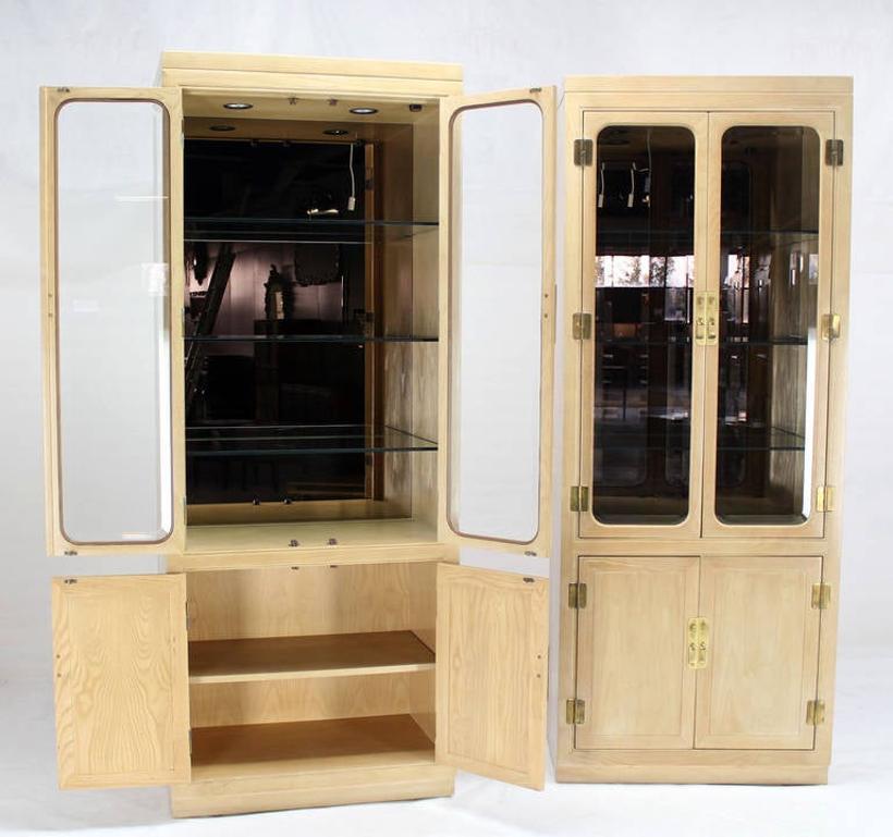 Pair John Stuart White Wash Beveled Glass MidCentury Modern Tall Display Cabinet