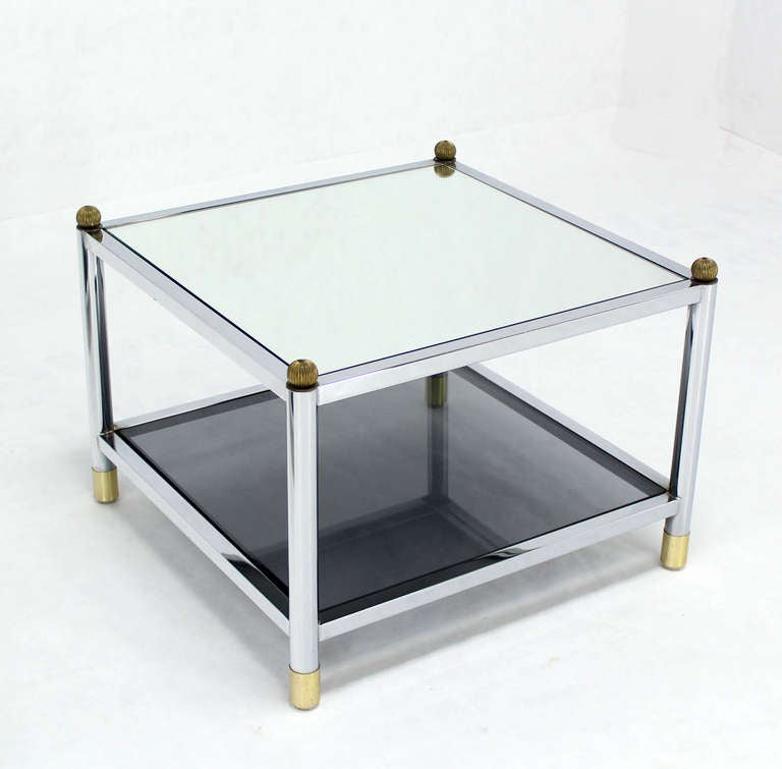 EstablishedLines Pair Square Chrome & Brass Smoked Glass Shelf Mirrored Top End Side Tables MINT!