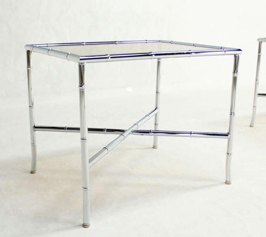 EstablishedLines Pair of Faux Bamboo X Shape Bases  Chrome and Smoked Glass End Tables MINT!