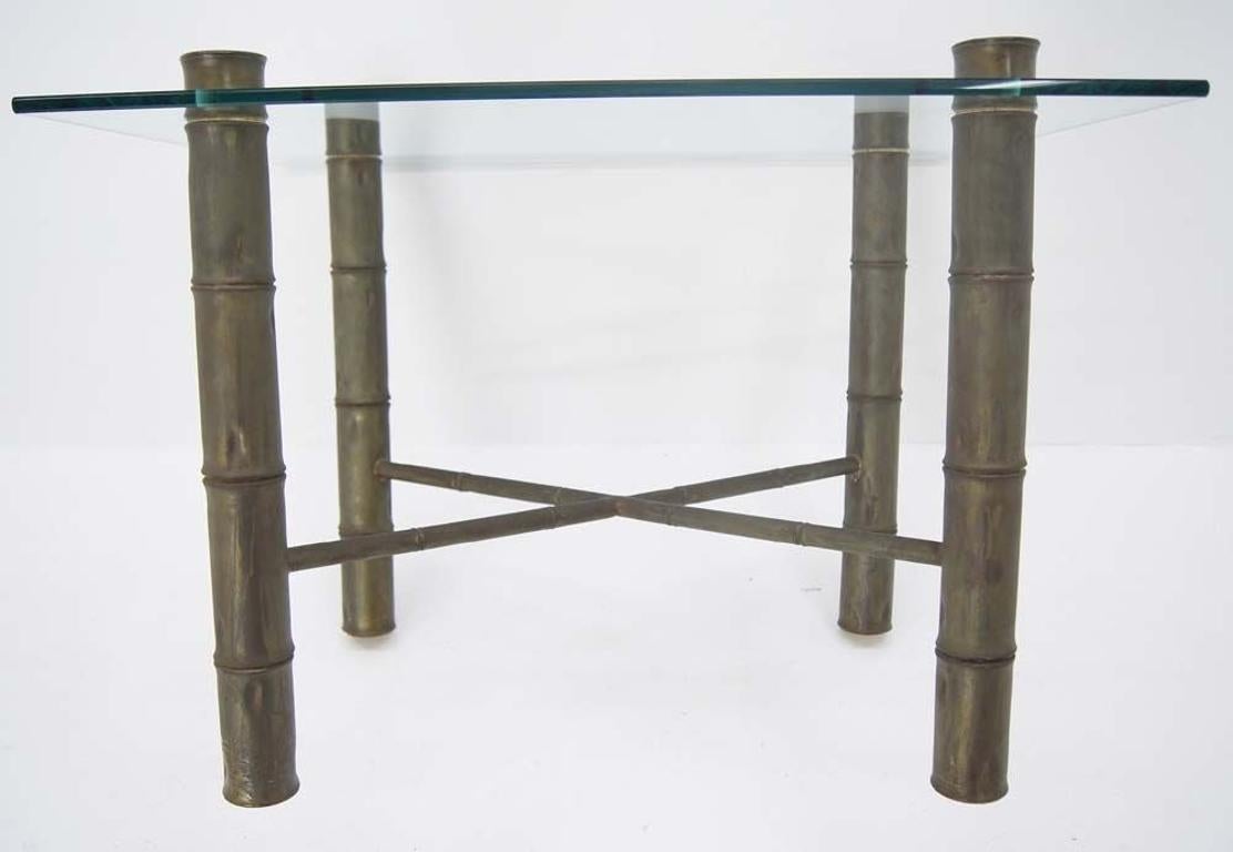 EstablishedLines Faux Bamboo Brass X Base Square Glass Top Coffee Table Mid Century Modern