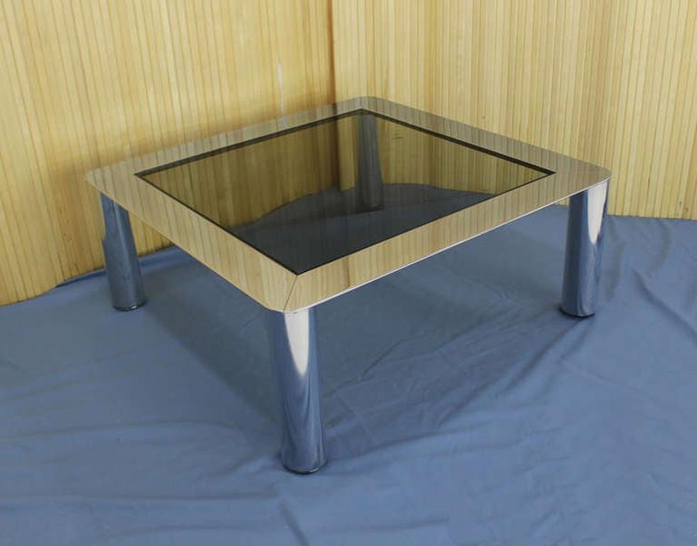 EstablishedLines Chrome Cylinder Legs Square Smoked Glass Mid-Century Modern Coffee Table MINT!