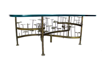 EstablishedLines Silas Seandel Mid Century Modern Brass Base Glass Top Brutalist Coffee Table