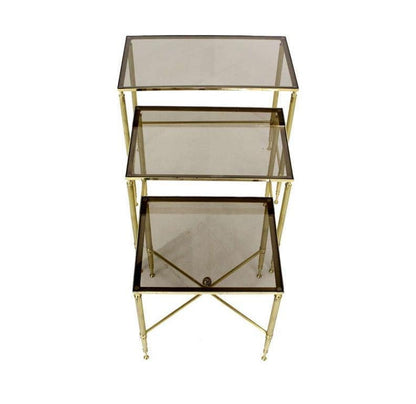 EstablishedLines Solid Brass Smoked Glass Set of Three Nesting Stacking Side Occasional Tables