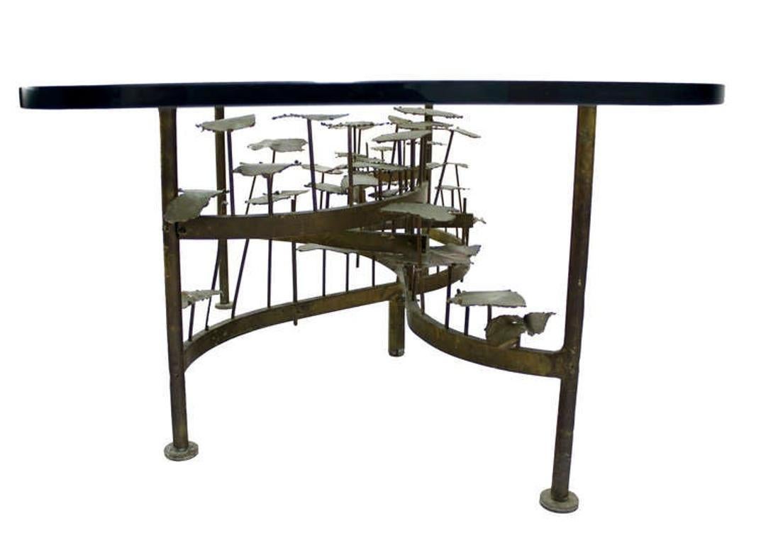 EstablishedLines Silas Seandel Mid Century Modern Brass Base Glass Top Brutalist Coffee Table
