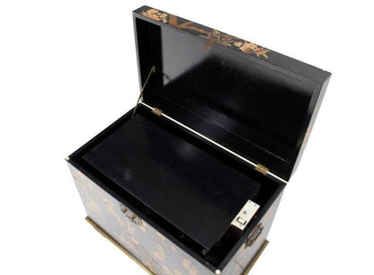 EstablishedLines Oriental Hand Painted Black Lacquer Bar Trunk Chest Electric Lift Shelf Inside