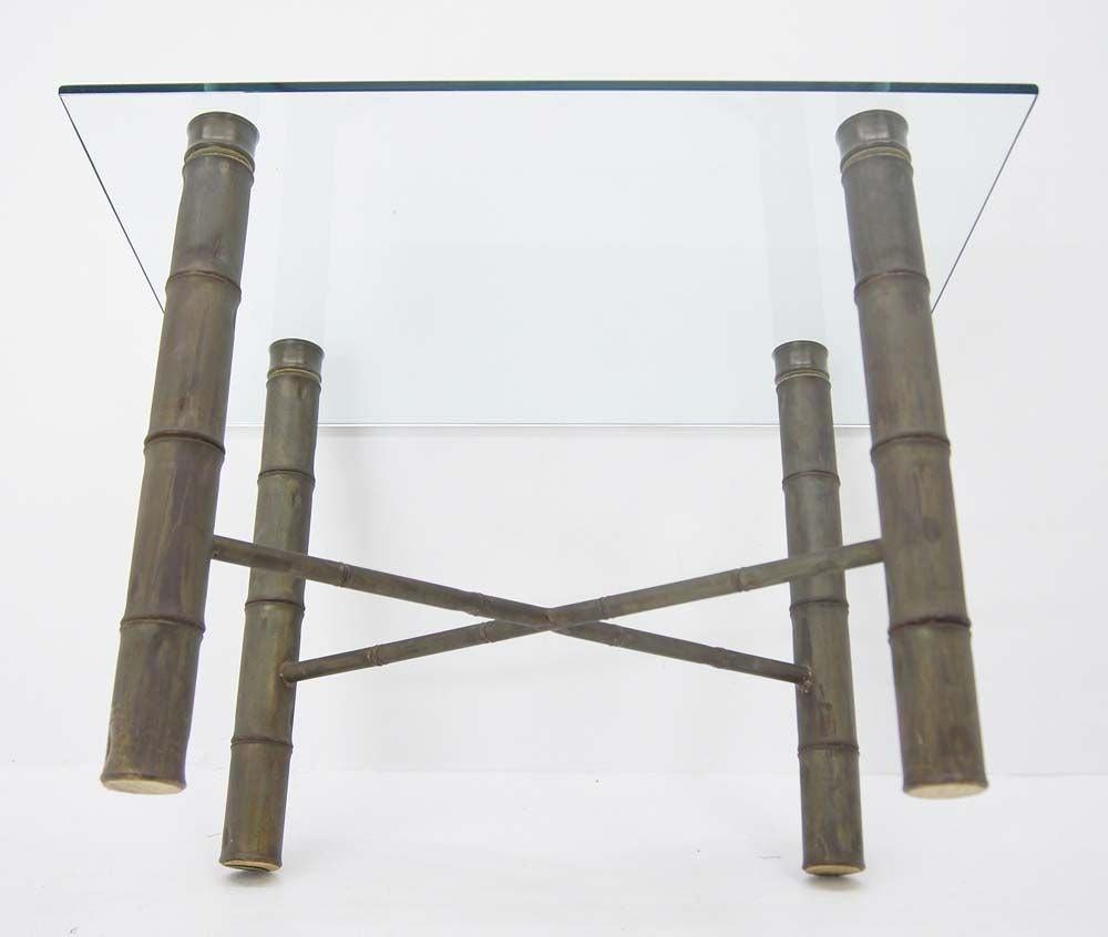EstablishedLines Faux Bamboo Brass X Base Square Glass Top Coffee Table Mid Century Modern