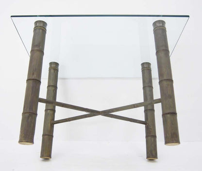 EstablishedLines Faux Bamboo Brass X Base Square Glass Top Coffee Table Mid Century Modern