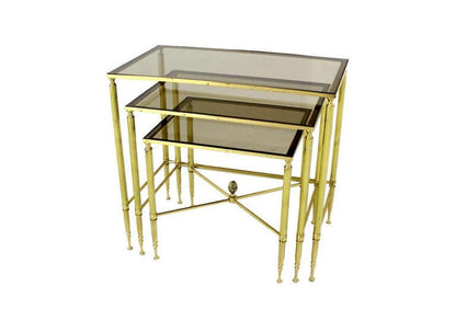 EstablishedLines Solid Brass Smoked Glass Set of Three Nesting Stacking Side Occasional Tables