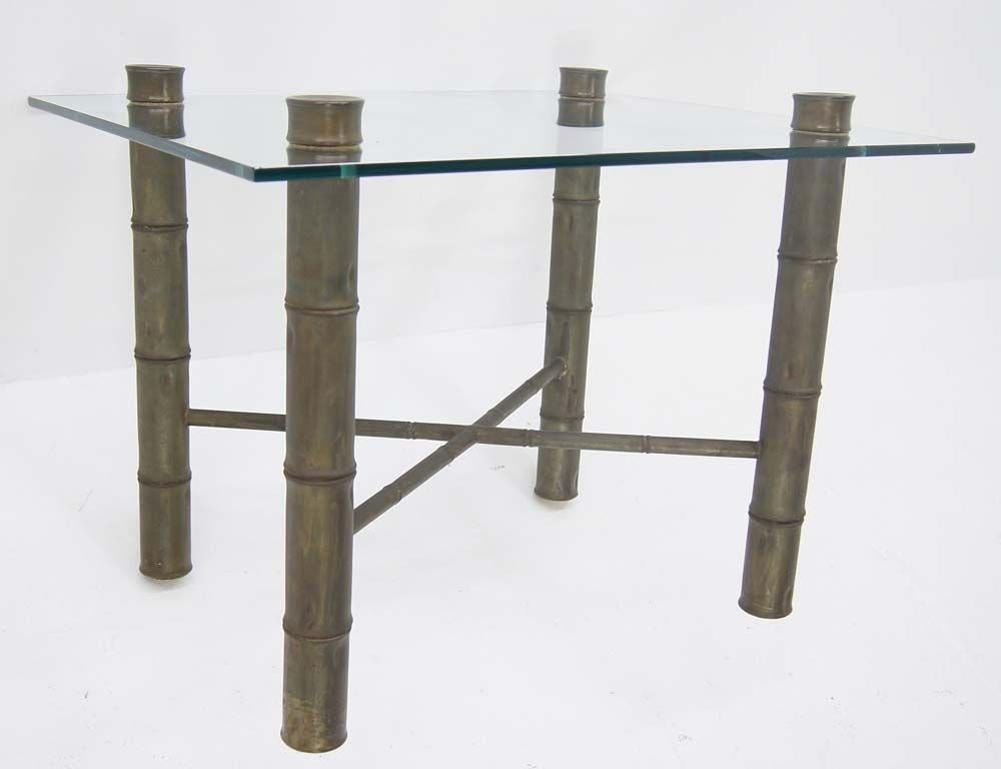 EstablishedLines Faux Bamboo Brass X Base Square Glass Top Coffee Table Mid Century Modern