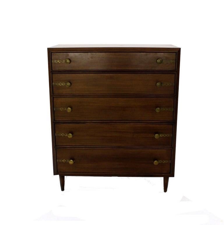 EstablishedLines Johnson John Stuart Mid Century Modern Walnut High Chest Dresser Brass Pull MINT