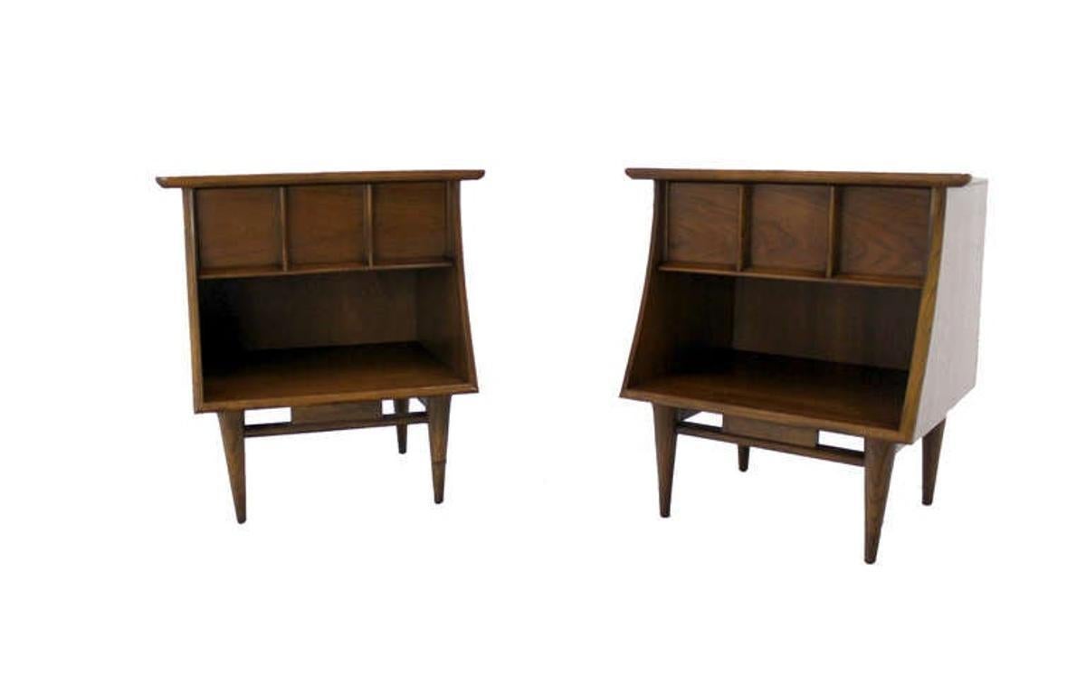 EstablishedLines Pair of Danish Mid Century Modern One Drawer Walnut End Tables Night Stands MINT