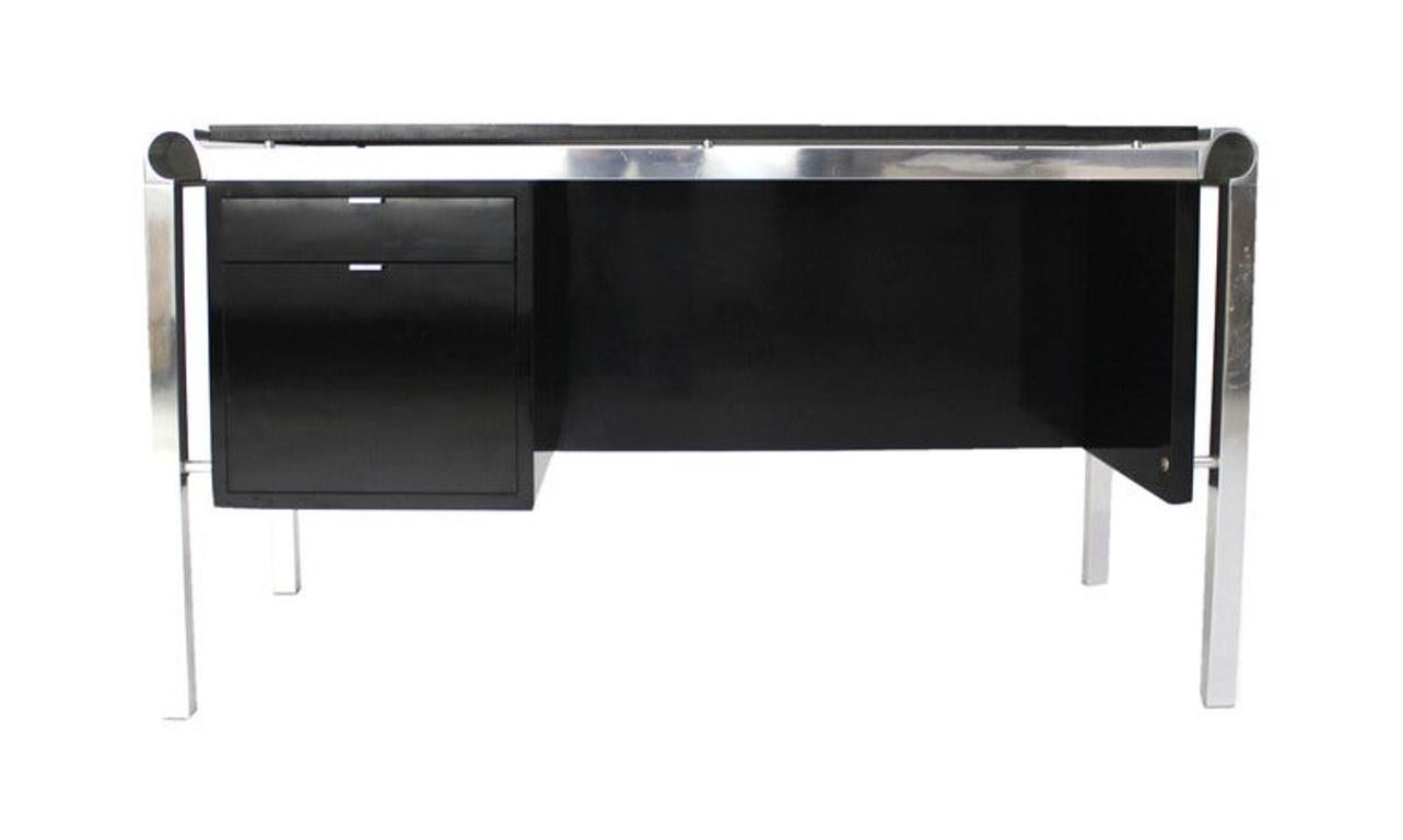 EstablishedLines Pace Collection Mid Century Italian Modern Thick Black Marble Granite Top Desk