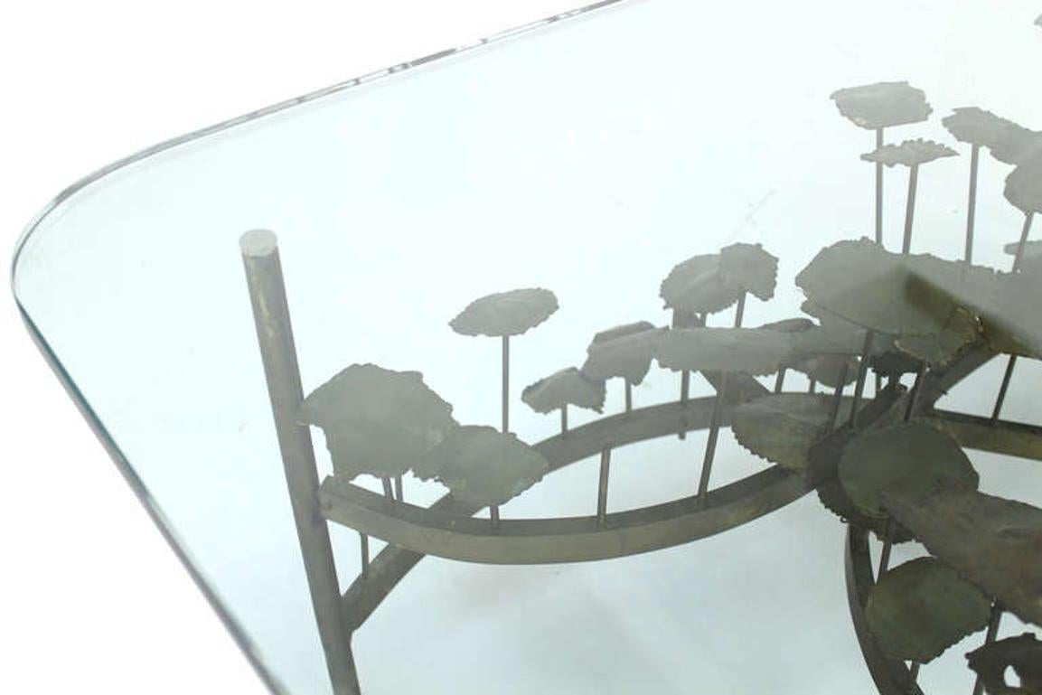EstablishedLines Silas Seandel Mid Century Modern Brass Base Glass Top Brutalist Coffee Table