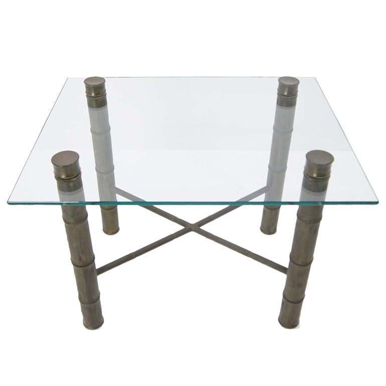 EstablishedLines Faux Bamboo Brass X Base Square Glass Top Coffee Table Mid Century Modern