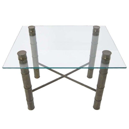 EstablishedLines Faux Bamboo Brass X Base Square Glass Top Coffee Table Mid Century Modern
