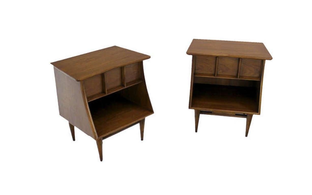 EstablishedLines Pair of Danish Mid Century Modern One Drawer Walnut End Tables Night Stands MINT