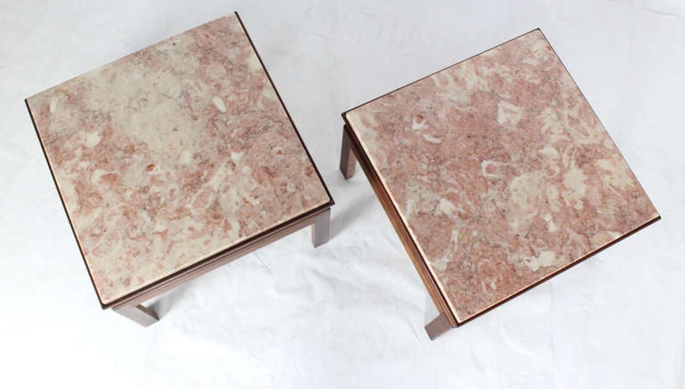 EstablishedLines Mid-Century Modern Pair Low Profile Square Marble Top Side End Tables Stand MINT