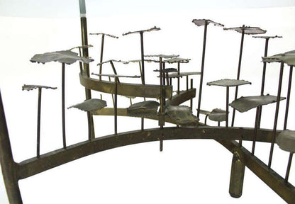 EstablishedLines Silas Seandel Mid Century Modern Brass Base Glass Top Brutalist Coffee Table