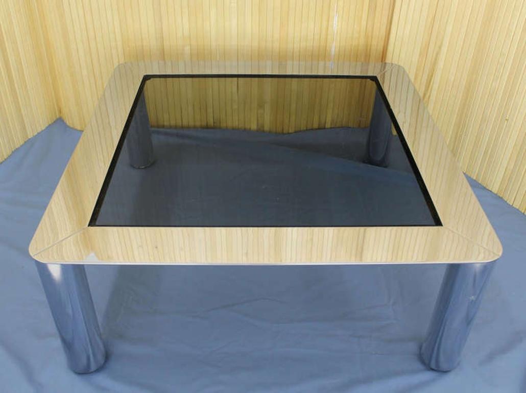 EstablishedLines Chrome Cylinder Legs Square Smoked Glass Mid-Century Modern Coffee Table MINT!