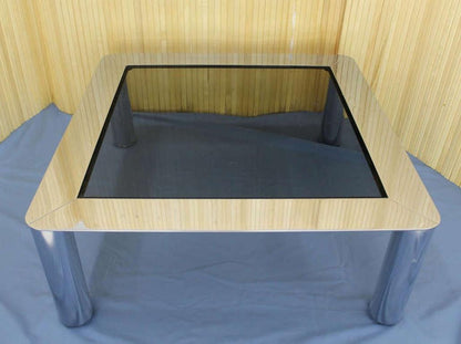 EstablishedLines Chrome Cylinder Legs Square Smoked Glass Mid-Century Modern Coffee Table MINT!
