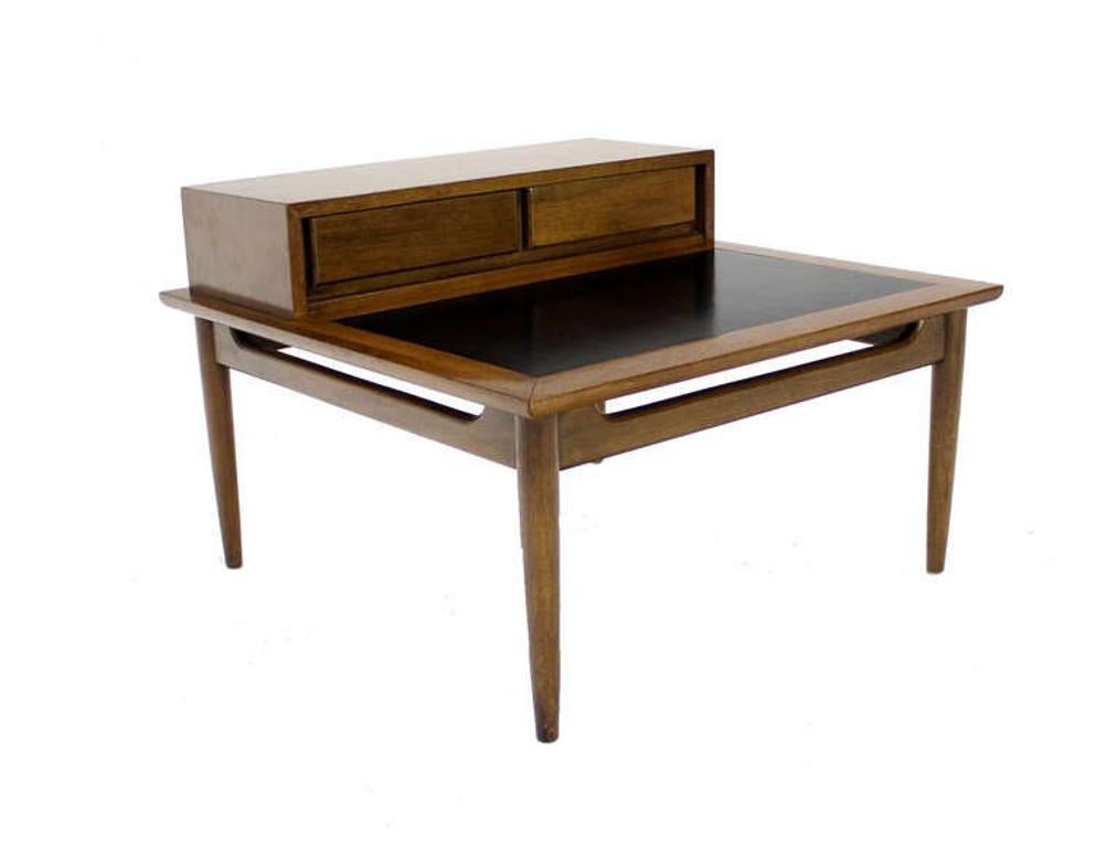 EstablishedLines Light Walnut Oversize 32" Wide Two Drawers Dowel Leg Step End Coffee Table MINT!