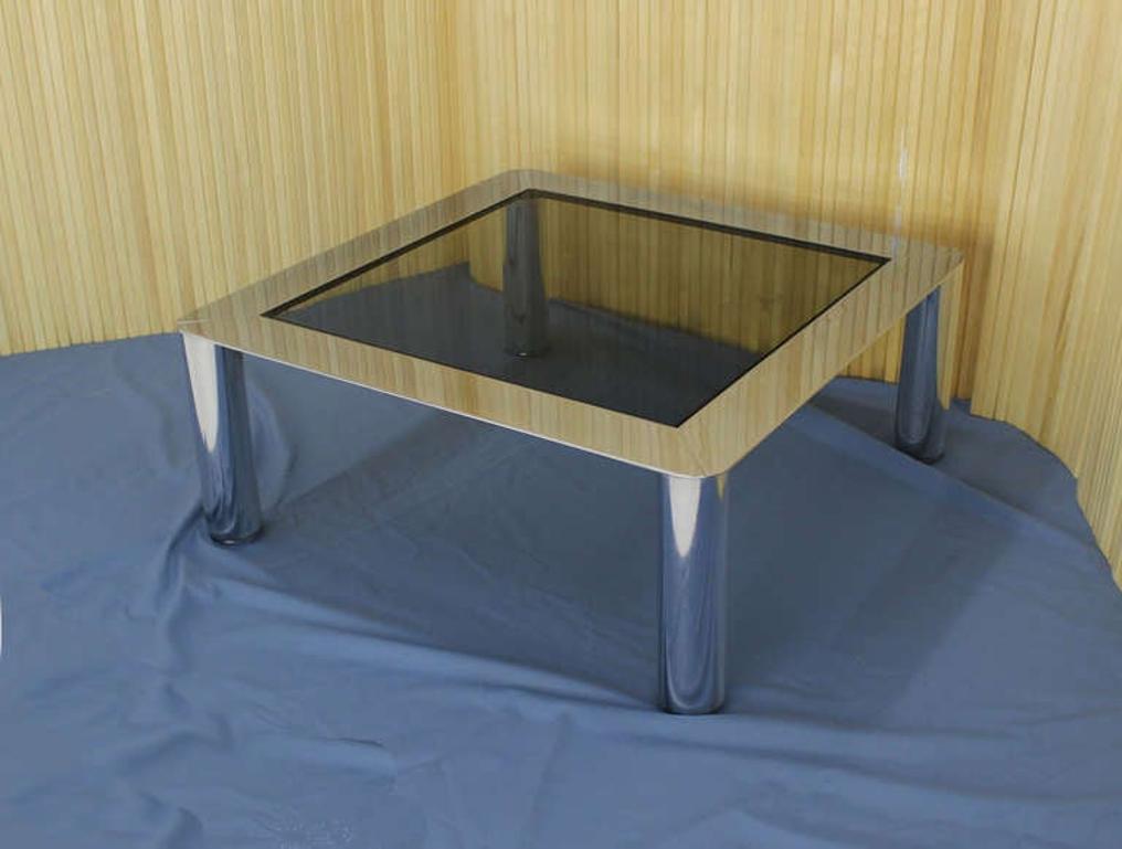 EstablishedLines Chrome Cylinder Legs Square Smoked Glass Mid-Century Modern Coffee Table MINT!