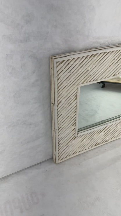 EstablishedLines Cast Faux Bamboo White Lacquer Frame Rectangle Wall Mirror Artist Signed & Dated