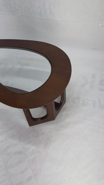 EstablishedLines Oiled Walnut Boomerang Kidney Shape Glass Top Stretcher Base Coffee Table Mint!