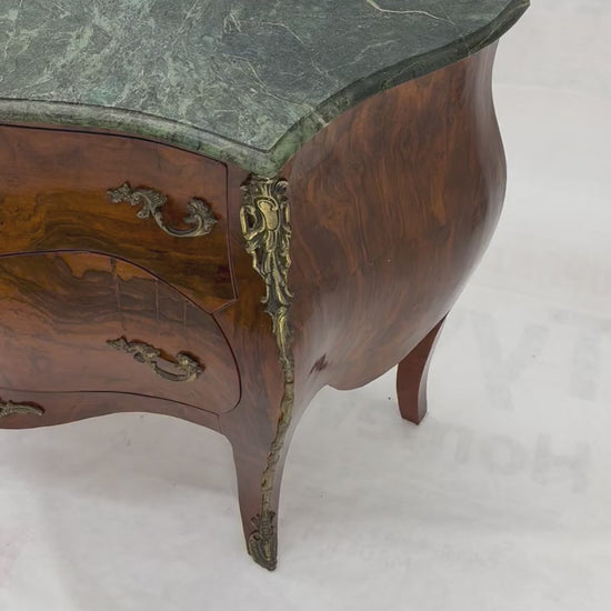 EstablishedLines Pair of 41" Wide Green Marble Top Louis V Bombay French Burl Dressers Commodes